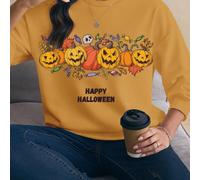 Sweat-shirt-shirt décontracté à manches longues, col rond, épaules tombantes, imprimé citrouille et slogan, pour l'automne. Sweat-shirt-shirt d'Halloween mignon, Sweat-shirt-shirt citrouille, Top basi