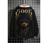 Sweat-shirt-shirt pour garçons préadolescents avec impression numérique cool d'un ours avec des écouteurs, style de rue décontracté 8Y,9Y,10Y,11Y,12YAnimal,Cartoon,LettresPolyester