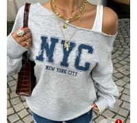 Sweat-shirt style de rue minimaliste décontracté, effet patchwork avec slogan New York, col asymétrique, pour femmes en automne/hiver L,M,S,XL,XS,XXL,XXS,XXXL,XXXXLLettresTissu tricoté