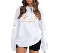 Sweat-shirt surdimensionné pour femme avec imprimé « Spooky Season » - Pull décontracté d'Halloween - T-shirt à manches longues avec fantômes sur les manches, Style_y09 Blanc, 3XL