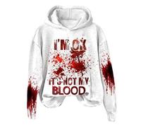 Sweat-shirt surdimensionné pour femme avec inscription « I'M Ok It's Not My Blood » - Humour sarcastique d'Halloween - Sweat à capuche doux imprimé - Sweat à capuche pour femme, Blanc., L