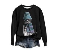 Sweat-shirt tendance d'automne 2024 pour femmes et filles, nouveauté pour femmes, avec imprimé Mignon chat, col rond, manches longues, décontracté, sans chapeau, sweat à capuche pour femmes, Noir , XL