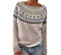 Sweat-shirt tricoté pour femme imprimé île rétro décontracté ample col rond manches longues léger court pull haut tenue d'automne pour femme, beige, 3XL