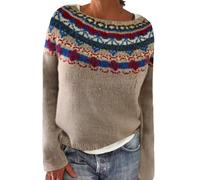 Sweat-shirt tricoté pour femme imprimé île rétro décontracté ample col rond manches longues léger court pull haut tenue d'automne pour femme, kaki, M