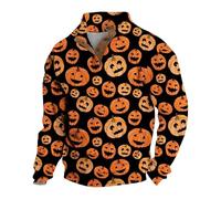 Sweat-shirt vintage à manches longues pour homme en velours côtelé polaire pull à col montant sweat à capuche imprimé citrouille mignon dessin animé décompose citrouilles pulls à capuche, jaune, XL