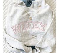 Sweat-shirt vintage décontracté d'automne avec slogan brodé contrasté, col ras-du-cou, motif contrasté, cadeau pour épouse, mariage, lune de miel, usage quotidien, rose pâle L,M,S,XLLettresTissu trico
