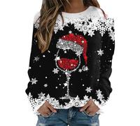 Sweat-shirts de Noël pour femme - Imprimé verre de vin rouge - Col rond - Manches longues - Pull amusant - Arbre de Noël - T-shirt ample et décontracté - Pour fête, bal de d'année, (3-Black, L)
