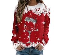 Sweat-shirts de Noël pour femme - Imprimé verre de vin rouge - Col rond - Manches longues - Pull amusant - Arbre de Noël - T-shirt ample et décontracté - Pour fête, bal de d'année, vacances (3-Red, M)