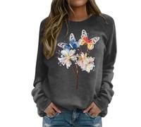 Sweat-shirts Femme Casual Col Rond Raglan Manches Longues Coloré Plume Imprimer Pullover Sweatshirt Pull, gris, XXL