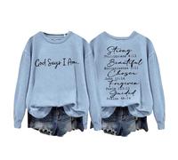 Sweat-shirts pour femme « God Says I AM » - Sweat-shirt imprimé pour femme - Automne et hiver - Sweat-shirt à manches longues et col rond - Tendance, Sweatshirts d'automne bleu clair pour femmes, XL