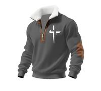 Sweat-shirts pour homme en polaire avec fermeture éclair quart de col cadet - Sweatshirt Christ Muscle Tops Patch Pull à manches longues décontracté, gris, XL