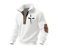 Sweat-shirts pour homme en polaire avec fermeture éclair quart de col cadet - Sweatshirt Christ Muscle Tops Patch Pull à manches longues décontracté, blanc, L