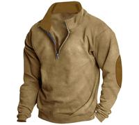 Sweat-shirts UK pour homme Pull en micro polaire Veste Tops Demi-fermeture éclair Cardigan Pull à col polo Pull à manches longues Chemises Patched Coude Pull thermique Pull d'hiver, kaki, XXL
