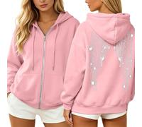 Sweat Zippé Femme à Capuche avec Strass Ailes d'Ange Noir | fermeture éclair intégrale, capuche avec cordon de serrage, strass ailes d'ange au dos, poches avant kangourou, manches