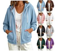 Sweat Zippé Femme à Capuche, Modèle Uni, avec Cordon, Look Décontracté