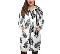 Sweat Zippé Long Femme Avec Capuche Et Motif De Feuille Palmier Noire Motif - Illustration Botanique Hoodie Décontracté S-5Xl,Poches Profondes,Style Oversize Chaud Pour Hiver Automne,Noir Anthracite
