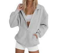 Sweat zippé pour femme - Veste polaire surdimensionnée sans capuche - Pull à manches longues - Uni - Léger - Tendance - Grande taille - Doux et confortable - Vêtements d'hiver et d'automne, gris, XXL