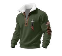 Sweat zippé pour homme avec doublure en polaire - Pull imprimé croisé - Col montant - Polo pour homme - Patch musculaire Christ - Haut de sport, Vert, 4XL