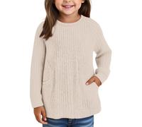 Sweater décontractée pour Fille - Hauts décontractés - Coupe Ample - Tricot côtelé léger - Pull Long à col Rond avec Poches - Pull Court Semi-zippé pour Enfant