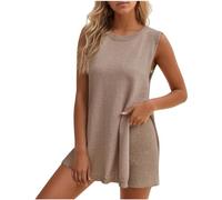 Sweater Set, Tunic Matching Set, 2024 Summer Sleeveless Sweater Sets Women 2 Piece Clothing Tops And Shorts, Women's Summer Knit Sweater Set Sleeveless (L,Khaki)