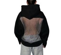 Sweats à capuche à dos en maille creuse, mode décontractée transparente à manches longues, bandeau de poche, chemisiers en maille à paillettes pour femmes, surdimensionné, pull de fête cosy, Noir, XS