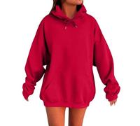 Sweats à Capuche Femme 2025 Super Soft Touch Automne Hiver Chic Élégant Coton Couleur Pure Manches Longues Oversize Grande Taille Loungewear pour Femmes Hoodie avec Poche Pull Large Femme Rouge
