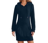 Sweats à Capuche Femme Robe pull-over d'hiver en à capuche, avec texture côtelée et poches avant, manches longues, style tunique décontracté, idéale pour l'automne. Tenue confortable. (Navy, XXL)
