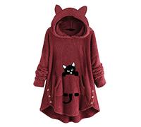 Sweats à Capuche Pull Femmes à Manches Longues Chat Oreille à Capuche Polaire Mignon Haut imprimé avec Poches boutonnées (XL,3rouge)