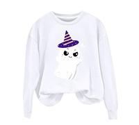 Sweats à capuche surdimensionnés pour femme - Costume d'Halloween - Pull à col rond - Pull sans capuche - Impression de fantômes - Horreur - Festif - T-shirt à manches longues - Haut ample, Blanc