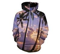 Sweats À Capuche Tropical Île Palmiers Impressionen 3D, Chauds Homme Polyester Violet Crew Neck Manches Longues Street Océan Horizon Sweat à Capuche pour Homme et Femme L