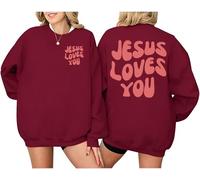 Sweats chrétiens pour femmes Jésus Loves You Sweatshirt Jésus Faith Inspiration Casual Sweatshirt Pullover Tops, bordeaux, XL