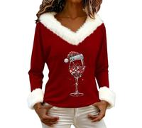 Sweats de Noël à col en V en Fausse Fourrure pour Femme, Chemisiers d'hiver décontractés Confortables et Chauds avec col en Peluche imprimé Père Noël à Manches Longues Pull de Noël 2025, Rouge 3, S