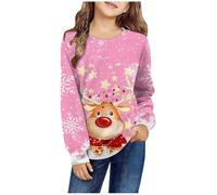 Sweats de Noël pour enfants avec imprimé dessin animé, hauts de vacances, chandails classiques pour enfants, sweatshirts vintage tracteur à col rond, streetwear pour fille, rose, 7-8 ans