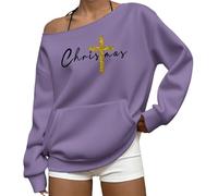 Sweats de Noël pour femmes avec imprimé croix chrétienne, épaules dénudées, sweat-shirt décontracté à manches longues avec poche, violet, XL