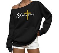 Sweats de Noël pour femmes avec imprimé croix chrétienne, épaules dénudées, sweat-shirt décontracté à manches longues avec poche, Noir , XXL