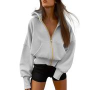 Sweats de sport - Couleur unie - Pour femme - Fermeture éclair - Cardigan à manches longues - Polaire - Sweat à capuche surdimensionné - Capuche ouverte - Veste de loisirs, gris, M