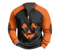 Sweats d'Halloween pour homme Jack O'Lantern imprimé visage citrouille pull automne manches longues quart fermeture éclair tops costumes de vacances adultes drôles, bleu, L