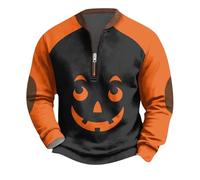 Sweats d'Halloween pour homme Jack O'Lantern imprimé visage citrouille pull automne manches longues quart fermeture éclair tops costumes de vacances adultes drôles, noir foncé, L