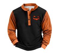 Sweats d'Halloween pour hommes - Imprimé visage de citrouille effrayant - Pull patchwork à manches longues - Haut Henley boutonné - Costumes de vacances pour adultes 2025, Orange, S