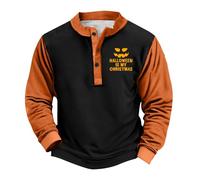 Sweats d'Halloween pour hommes - Imprimé visage de citrouille effrayant - Pull patchwork à manches longues - Haut Henley boutonné - Costumes de vacances pour adultes 2025, gris, 5XL