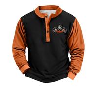 Sweats d'Halloween pour hommes - Imprimé visage de citrouille effrayant - Pull patchwork à manches longues - Haut Henley boutonné - Costumes de vacances pour adultes 2025, gris foncé, XXL