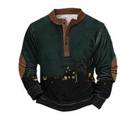 Sweats d'Halloween pour hommes - Pull à boutons imprimé effrayant - Manches longues - Col Henley - Costumes de vacances pour adultes 2025, vert militaire, 3XL
