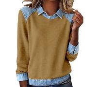 Sweats en denim patchwork pour femme - Style vintage - Col à revers - Coutures patchwork - Grande taille - Style habillé et décontracté - Couleurs contrastées - Hauts à manches longues - Tendance
