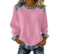 Sweats pour femme sans capuche vintage en tricot gaufré patchwork sweatshirt printemps sortie tops couture denim chemise habillée décontractée manches longues grande taille pull col rond, Za-pink, M