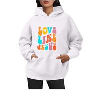 Sweatshirt à Capuche avec Poches pour Femme Imprimé Lettre ChréTien Col Rond Manche Longue Grande Taille Haut Pull Mode Automne Hiver Ample Chaude Sweat Femme Rose Capuche Cadeaux de Noël