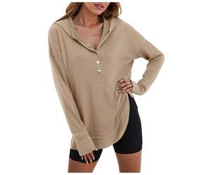 Sweatshirt à Capuche Femme Sport Doublure Douce Avec Poches Pull de Jogging Pour Course Pied Entrainement Randonnee Gym Casual Chaud Douillet Texture Souple Extensible Sweatshirthirt (Khaki, XL)