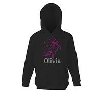 Sweatshirt à capuche personnalisable pour fille avec motif de licorne cabrée en strass (K), pour la danse, par Varsany M Noir/rose