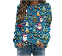 Sweatshirt à capuche pour femme - Imprimé Père Noël - Col rond - Sans capuche, bleu ciel, M