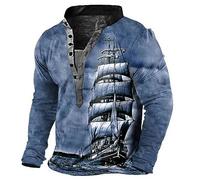 Sweatshirt à Manches Longues pour Hommes avec Motif de voilier Pull Henley à col en V avec Boutons et Motif de Bateau Mode Vintage Distressed Outdoor Street Top à Capuche