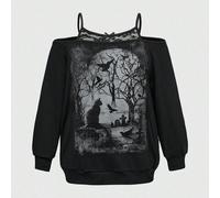 Sweatshirt ample gothique à épaules dénudées avec motif de corbeau et d'arbre mort de la forêt sombre, dentelle contrastée noire et vigne gothique, grande taille, Halloween 0XL,1XL,2XL,3XL,4XLPortrait